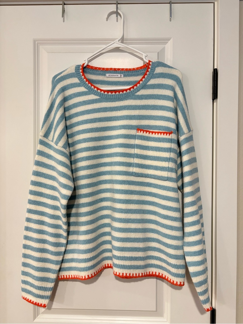 Striped Crewneck Pocket Sweater in Light Blue and Cream with Coral Trim